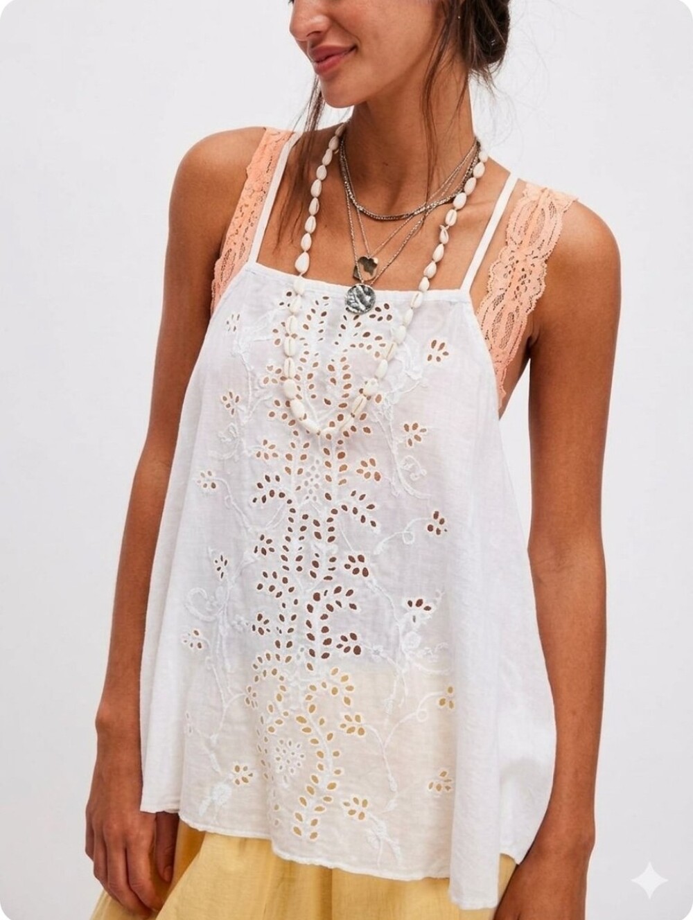 Flawless Free People Last Dance Eyelet Knit Apron Tank Cami Top White Ivory M